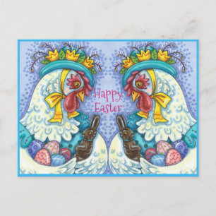 EASTER BONNET AND EGGS, SPRING CHICKEN Colourful Holiday Postcard