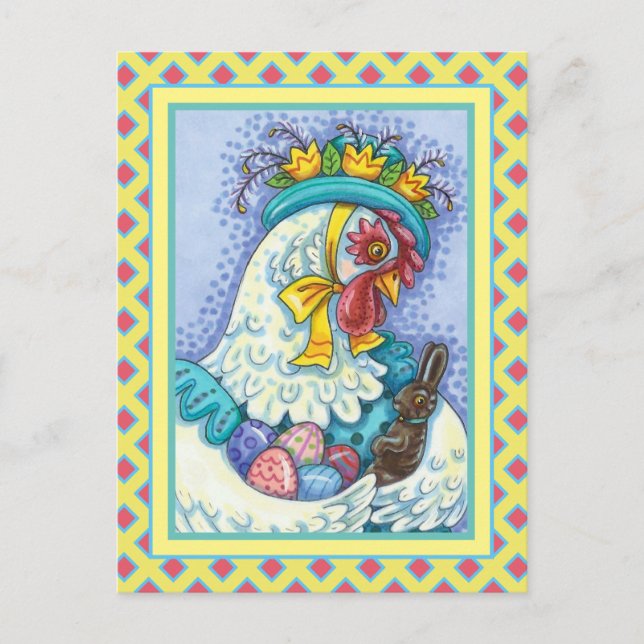 EASTER BONNET AND EGGS, SPRING CHICKEN Colourful Holiday Postcard (Front)
