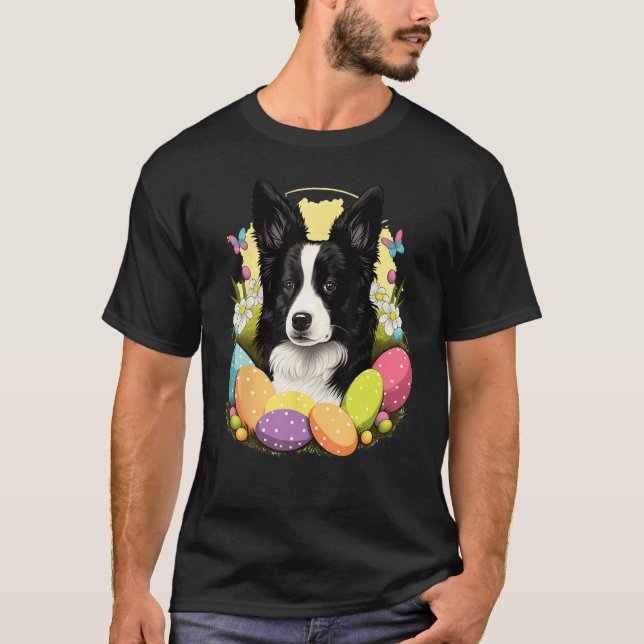 Easter Border Collie Bunny Eggs Dog on Easter Bord T-Shirt (Front)