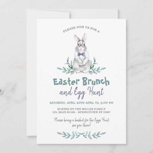 Easter Boy Bunny Egg Hunt & Brunch  Holiday Card (Front)
