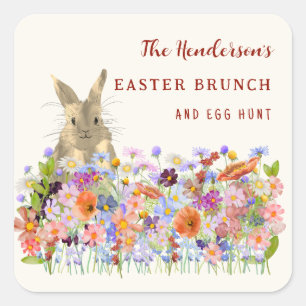 Easter Brunch and Egg Hunt Bunny Floral Custom Square Sticker