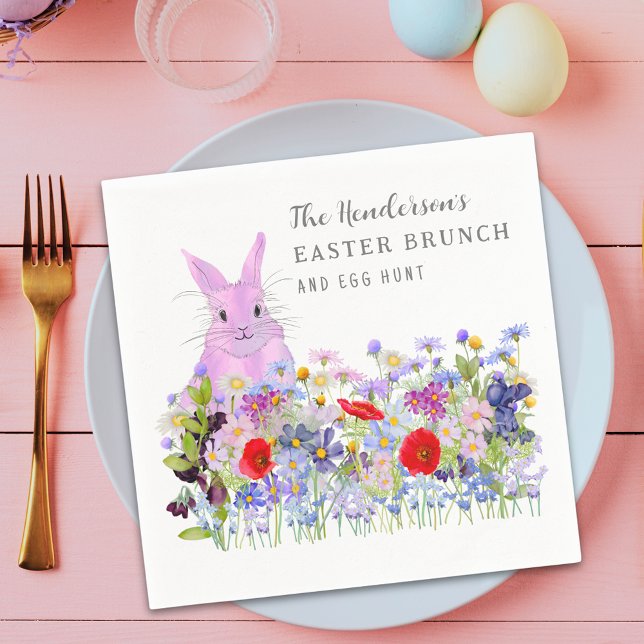 Easter Brunch and Egg Hunt Bunny Floral Napkin (Personalized Easter brunch egg hunt cute pink bunny wildflower floral spring party napkin)