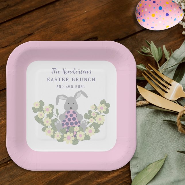 Easter Brunch and Egg Hunt Bunny Floral Pink Paper Plate (Personalized Easter brunch and egg hunt cute bunny spring party pink paper plate)