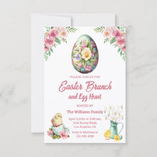easter brunch and egg hunt, pink floral chickens invitation