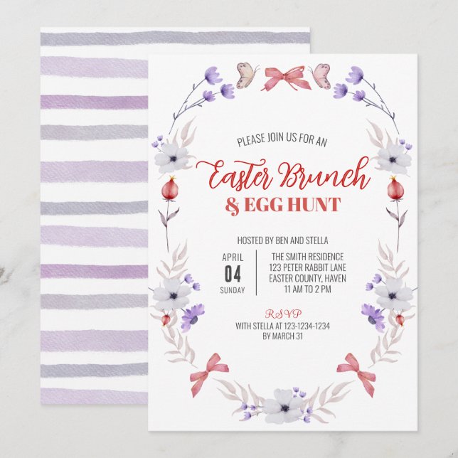 Easter Brunch and Egg Hunt, Purple White Floral Invitation (Front/Back)