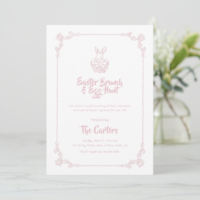 Easter Brunch and Egg Hunt Soft Pink Bunny Invitation (Standing Front)