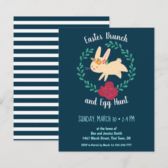Easter Brunch and Egg Hunt Spring Bunny Navy Invitation (Front/Back)