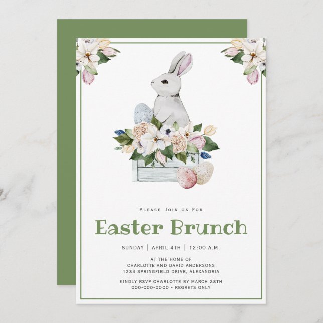 Easter Brunch and Egg Hunt Watercolor Rabbit Bunny Invitation (Front/Back)