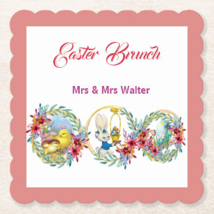 Easter Brunch Bunny Chick Floral Wreath Paper Coaster