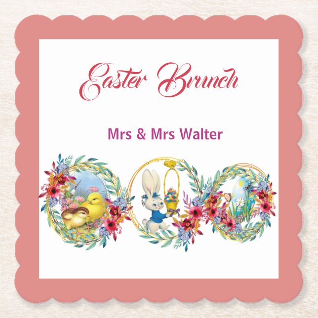Easter Brunch Bunny Chick Floral Wreath  Paper Coaster (Front)