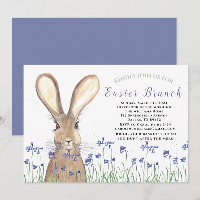 Easter Brunch Bunny Rabbit Bluebells Floral Invitation (Front/Back)