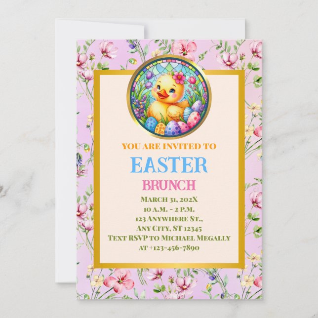 EASTER BRUNCH, Chick, Flowers, and Colourful Eggs  Invitation (Front)
