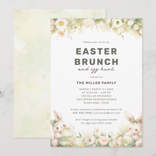 Easter Brunch Cute Pastel Bunny Watercolor Floral Invitation (Front/Back)