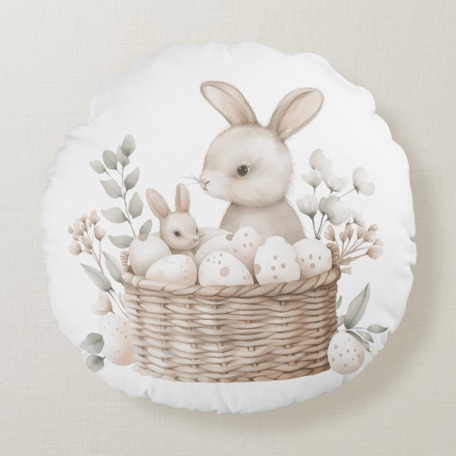 Easter Brunch & Egg Hunt Bunny Basket with Eggs Round Pillow (Front)