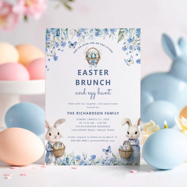 Easter Brunch & Egg Hunt Cute Blue Floral Bunny Invitation (Creator Uploaded)