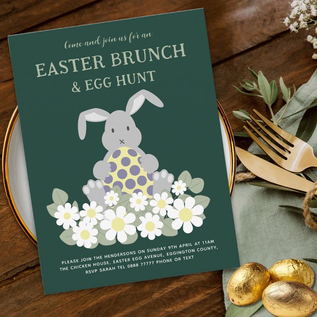 Easter Brunch Egg Hunt Cute Bunny Floral Invitation (Easter egg hunt spring brunch cute bunny floral garden party invitation)