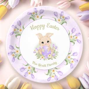 Easter Brunch Egg Hunt Purple Tulips Bunny Name Paper Plate