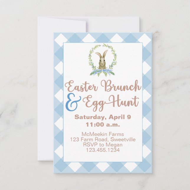 Easter Brunch & Egg Hunt Rabbit Gingham Plaid Blue Invitation (Front)