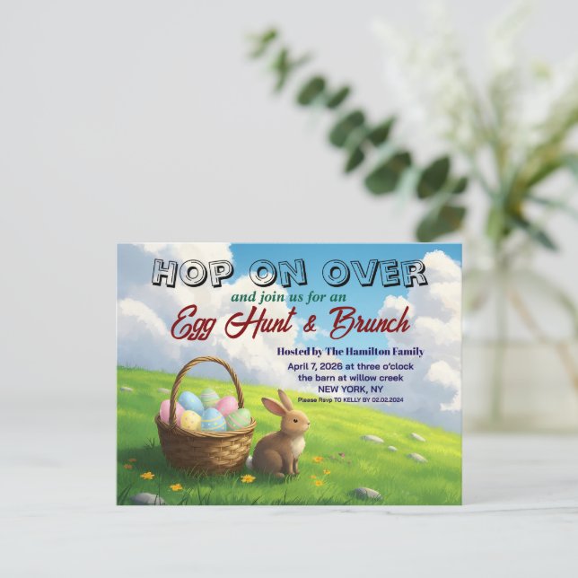Easter Brunch & Egg Hunt Spring Meadow Bunny Invitation Postcard (Standing Front)