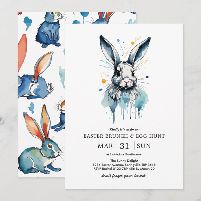 Easter Brunch & Egg Hunt | Water colour Bunny Invitation (Front/Back)