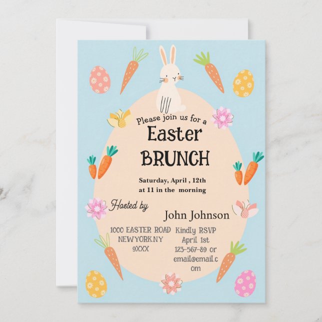 Easter Brunch Invitation | Cute Pastel Bunny & Egg (Front)