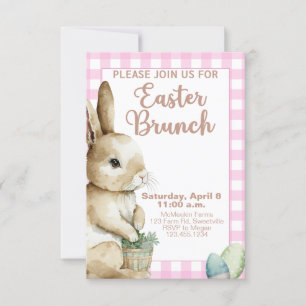 Easter Brunch Invitation Rabbit Pink Gingham Plaid