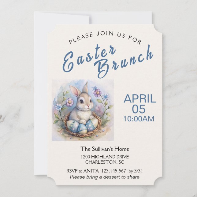 Easter Brunch Invitation with Easter Rabbit.  (Front)