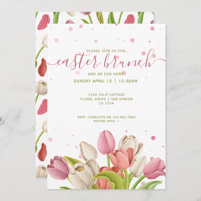 Easter Brunch Pink White Tulips Spring Flowers Invitation (Front/Back)