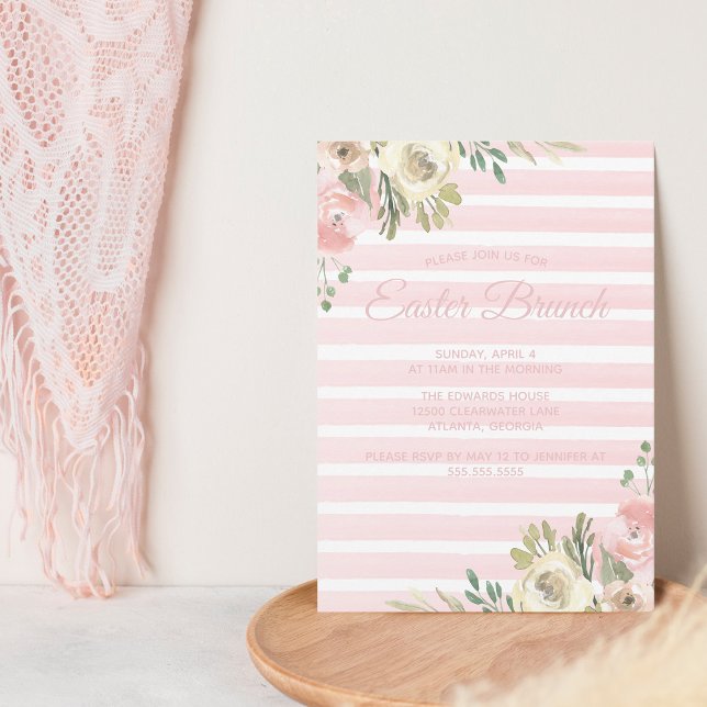 Easter Brunch Pretty Pink Striped Floral Chic Invitation (Creator Uploaded)