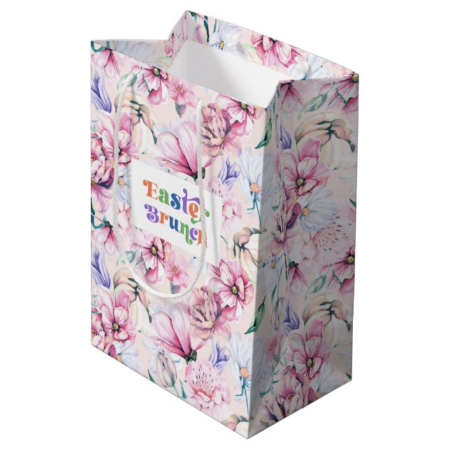 Easter Brunch Typography Pastel Flowers Pattern Medium Gift Bag (Back Angled)