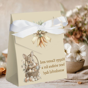 Easter, bunnies, and colorful eggs in a wicker bas favor box