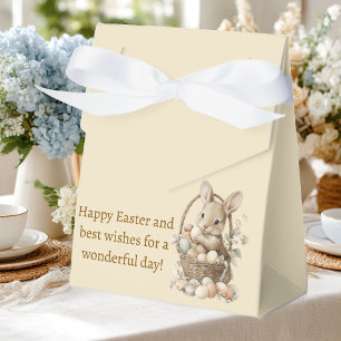 Easter, bunnies, and colorful eggs in a wicker bas favor box