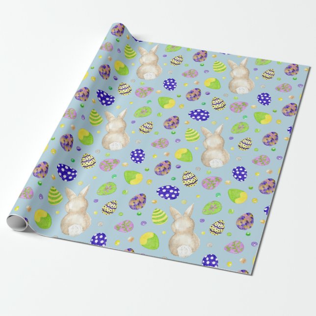 Easter Bunnies and Colourful Eggs Blue  Wrapping Paper (Unrolled)