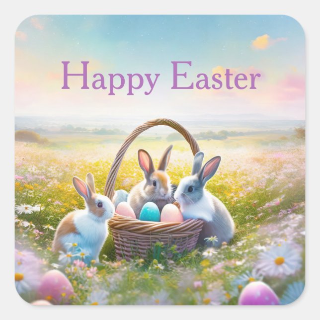 Easter bunnies checking out Easter eggs Square Sticker (Front)