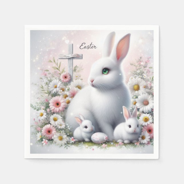 Easter Bunnies, Daisies and Cross Napkin (Front)
