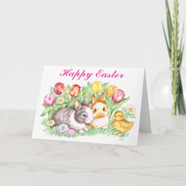 Easter Bunnies, Duckling and Tulips Holiday Card (Front)