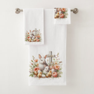Easter Bunnies, Ducklings, Flowers and Cross Bath Towel Set