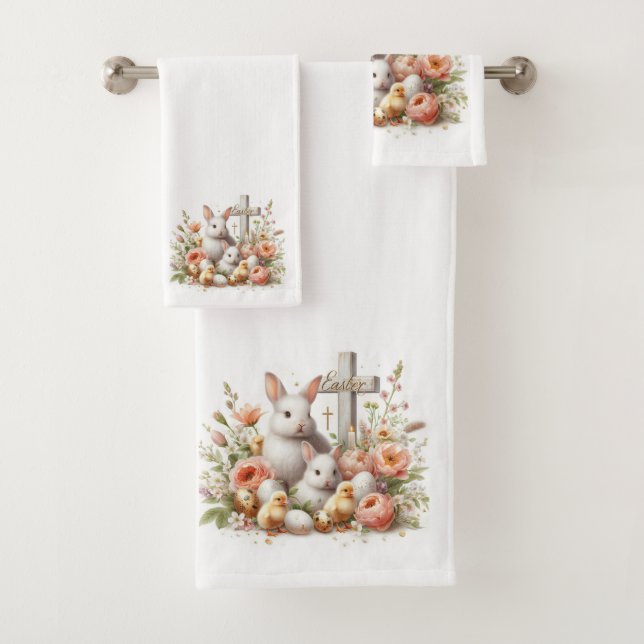 Easter Bunnies, Ducklings, Flowers and Cross Bath Towel Set (Insitu)