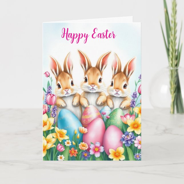 Easter Bunnies Eggs and Flowers Holiday Card (Front)