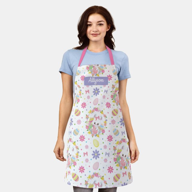 Easter Bunnies Floral Pattern Monogram Name Apron (Worn)