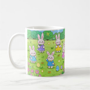 Easter Bunnies hiding eggs in a garden Coffee Mug