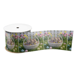 Easter Bunnies In a Wicker Basket on Grass Satin Ribbon