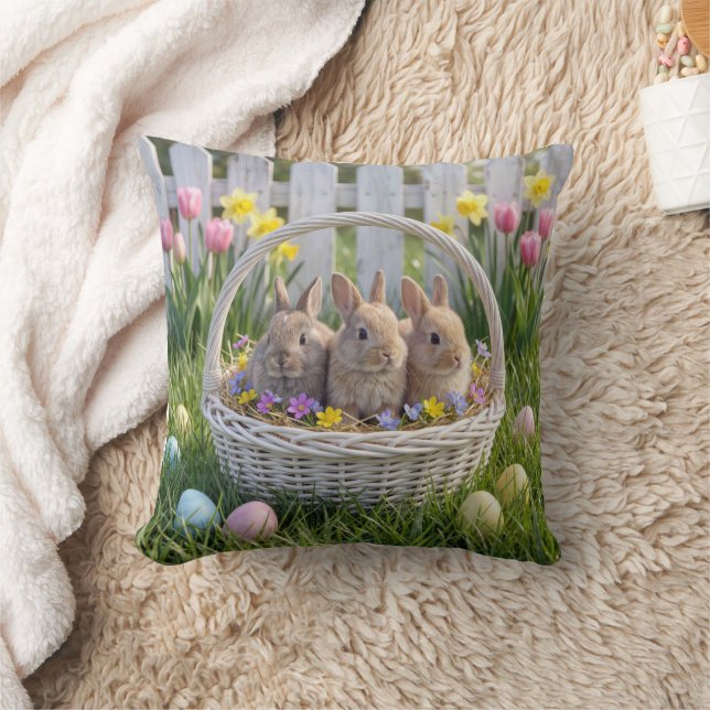 Easter Bunnies In a Wicker Basket on Grass Throw Pillow (Blanket)