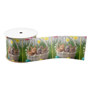 Easter Bunnies in a Wicker Basket Satin Ribbon