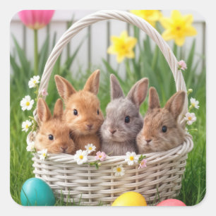 Easter Bunnies in a Wicker Basket Square Sticker