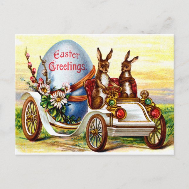 Easter Bunnies in Automobile Holiday Postcard (Front)