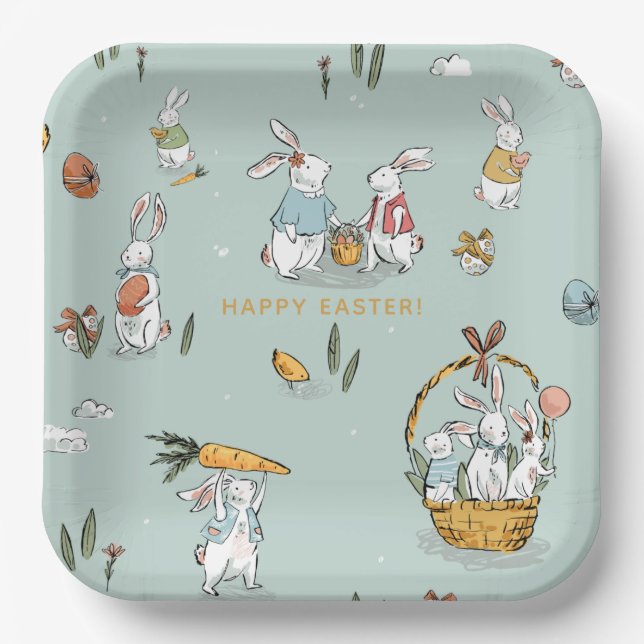 Easter Bunnies Pattern Egg and Carrots Hunt Custom Paper Plate (Front)