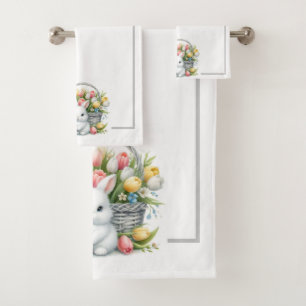 Easter Bunnies with Basket and Tulips Bath Towel Set