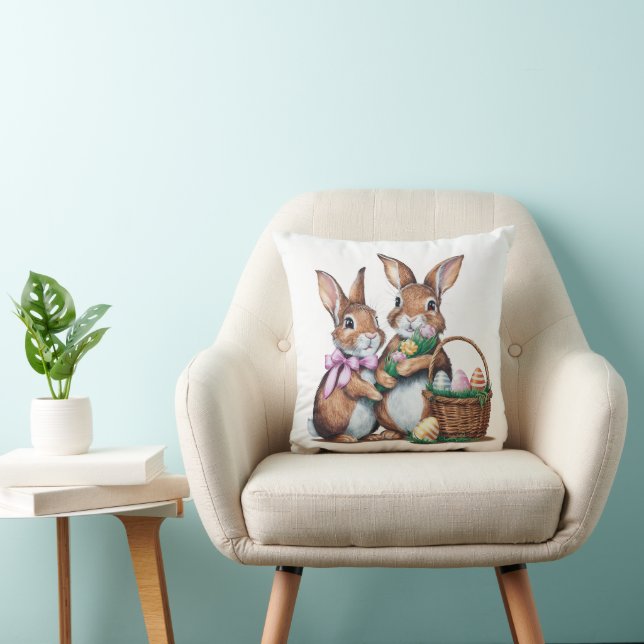Easter Bunnies With Basket Throw Pillow (Chair)