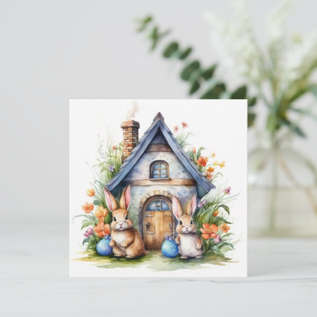 Easter Bunnies with Blue‑Roof Cottage (Standing Front)